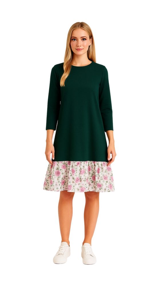 zelena ženska haljina s cvjetnim donjim dijelom, dužina do koljena DONNEL webshop